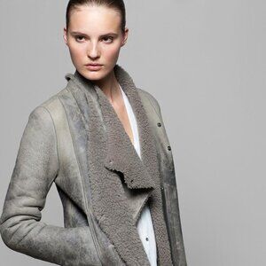 HELMUT LANG WEATHERED LEATHER SHEARLING MOTO JACKET COAT SIZE  M